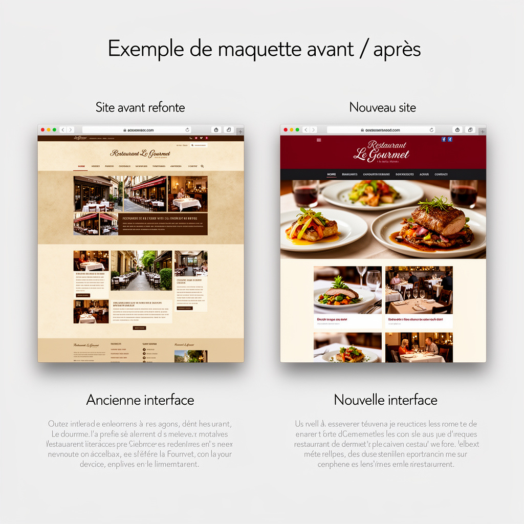 Exemple de maquette avant/après processus de création site restaurant